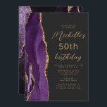 Purple Gold Agate Slate Script 50th Birthday Invitation<br><div class="desc">The left-hand edge of this elegant modern birthday party invitation features a purple watercolor agate border trimmed with gold faux glitter. The customisable text combines gold-coloured script and sans serif fonts on a slate black background. The reverse side features a matching purple and gold agate design.</div>