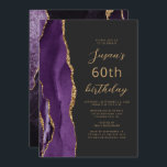 Purple Gold Agate Slate Script 60th Birthday Invitation<br><div class="desc">The left-hand edge of this elegant modern birthday party invitation features a purple watercolor agate border trimmed with gold faux glitter. The customisable text combines gold-coloured script and sans serif fonts on a slate black background. The reverse side features a matching purple and gold agate design.</div>