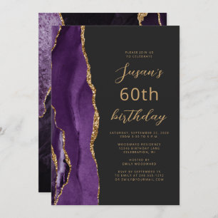 Purple Gold Agate Slate Script 60th Birthday Invitation