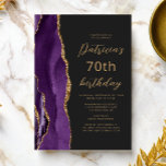 Purple Gold Agate Slate Script 70th Birthday Invitation<br><div class="desc">The left-hand edge of this elegant modern birthday party invitation features a purple watercolor agate border trimmed with gold faux glitter. The customisable text combines gold-coloured script and sans serif fonts on a slate black background. The reverse side features a matching purple and gold agate design.</div>