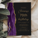 Purple Gold Agate Slate Script 70th Birthday Invitation<br><div class="desc">The left-hand edge of this elegant modern birthday party invitation features a purple watercolor agate border trimmed with gold faux glitter. The customisable text combines gold-coloured script and sans serif fonts on a slate black background. The reverse side features a matching purple and gold agate design.</div>
