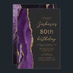 Purple Gold Agate Slate Script 80th Birthday Invitation<br><div class="desc">The left-hand edge of this elegant modern birthday party invitation features a purple watercolor agate border trimmed with gold faux glitter. The customisable text combines gold-coloured script and sans serif fonts on a slate black background. The reverse side features a matching purple and gold agate design.</div>