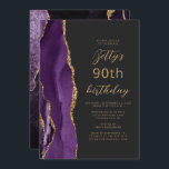 Purple Gold Agate Slate Script 90th Birthday Invitation<br><div class="desc">The left-hand edge of this elegant modern birthday party invitation features a purple watercolor agate border trimmed with gold faux glitter. The customisable text combines gold-coloured script and sans serif fonts on a slate black background. The reverse side features a matching purple and gold agate design.</div>
