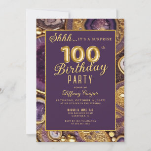 Purple Gold Agate Surprise 100th Birthday Party Invitation