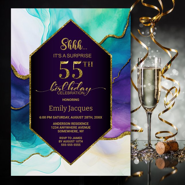 Purple Gold Agate Surprise 55th Birthday Party Invitation (Creator Uploaded)