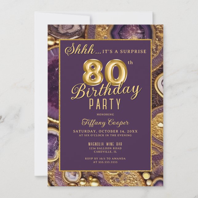 Purple Gold Agate Surprise 80th Birthday Party Invitation (Front)
