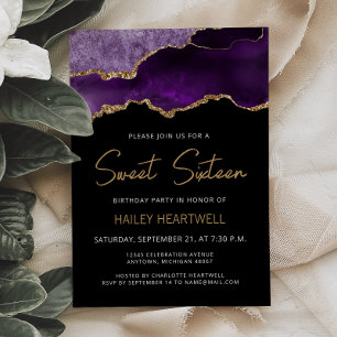 Purple Gold Agate Sweet 16 Birthday Invitation