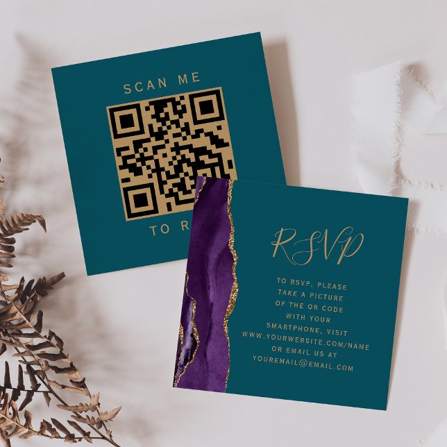 Purple Gold Agate Teal Blue Wedding QR Code RSVP Enclosure Card (Creator Uploaded)