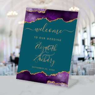 Purple Gold Agate Teal Blue Wedding Welcome Pedestal Sign