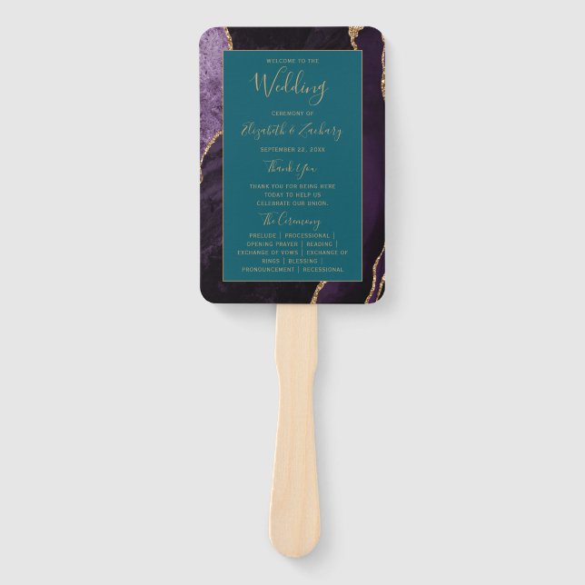 Purple Gold Agate Teal Wedding Program Hand Fan (Front)