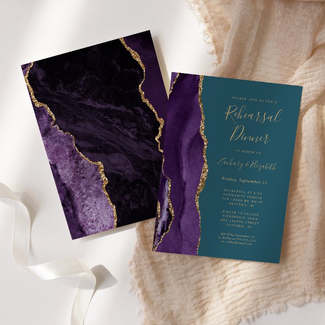 Purple Gold Agate Teal Wedding Rehearsal Dinner Invitation (Creator Uploaded)