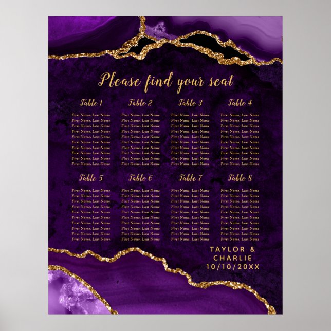 Purple Gold Agate Wedding Seating Chart 8 Table (Front)