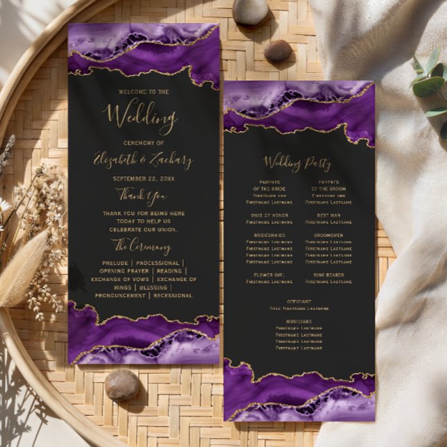 Purple Gold Agate Whimsical Script Dark Wedding Programme (Creator Uploaded)