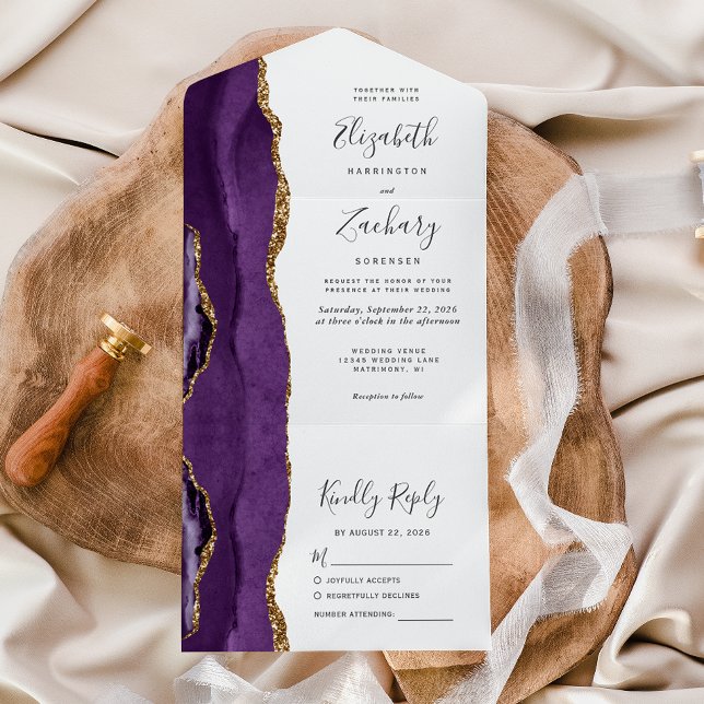 Purple Gold Agate Whimsical Script Wedding All In One Invitation (Creator Uploaded)