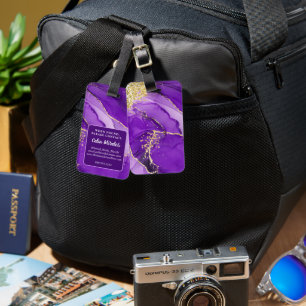 Purple Gold Alcohol Ink Personalized Custom Info Luggage Tag