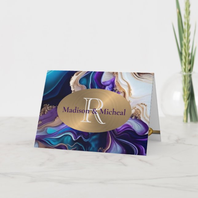 Purple, Gold and Aqua Elegant Wedding Thank You Card (Front)