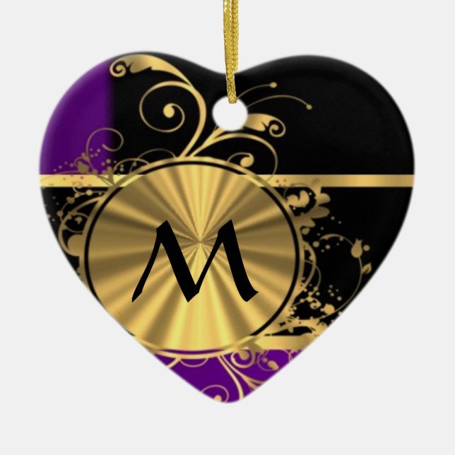Purple gold and black monogram ceramic tree decoration (Front)