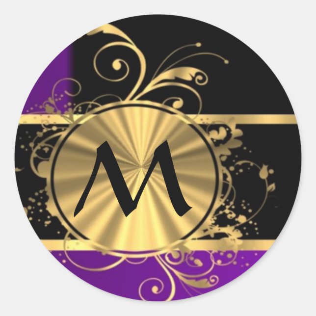 Purple gold and black monogram classic round sticker (Front)