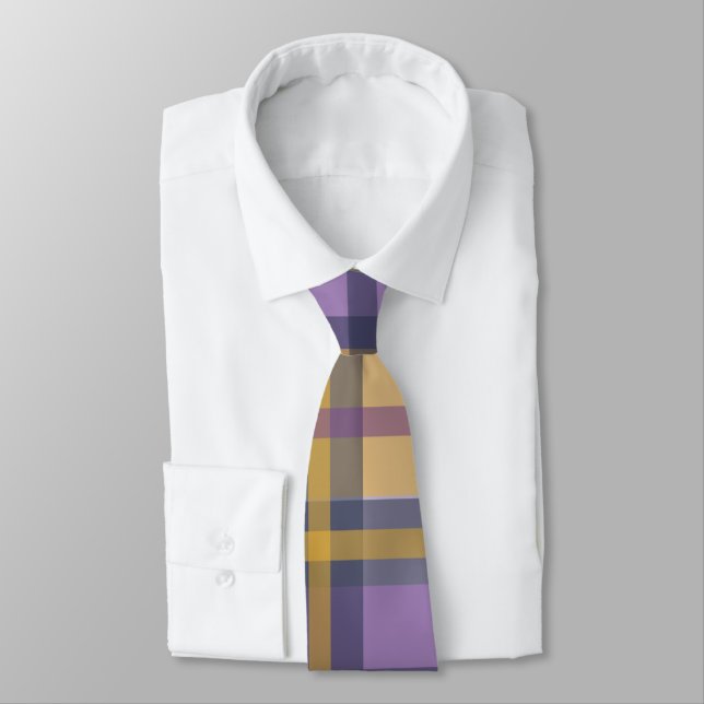 Purple Gold and Blue Modern Plaid Necktie (Tied)
