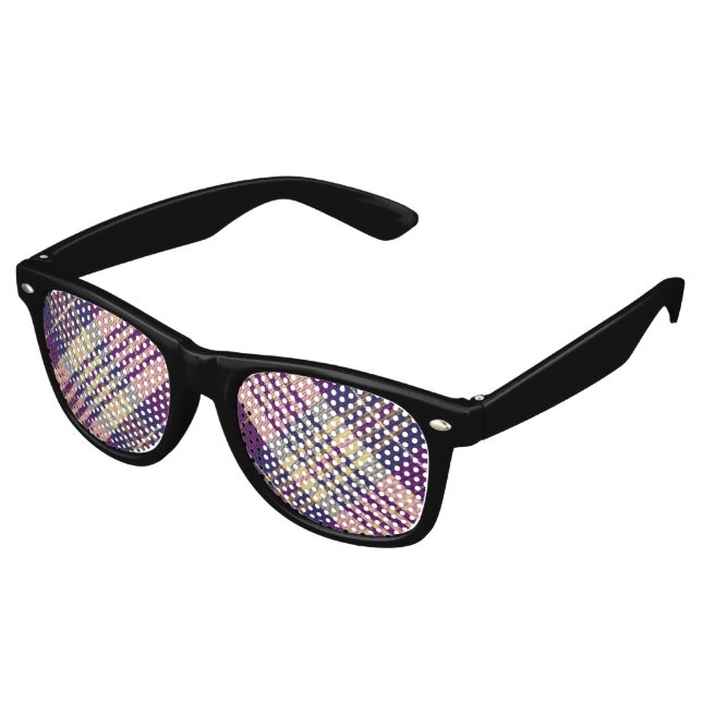 Purple, Gold and Blue Tartan Retro Sunglasses (Angled)
