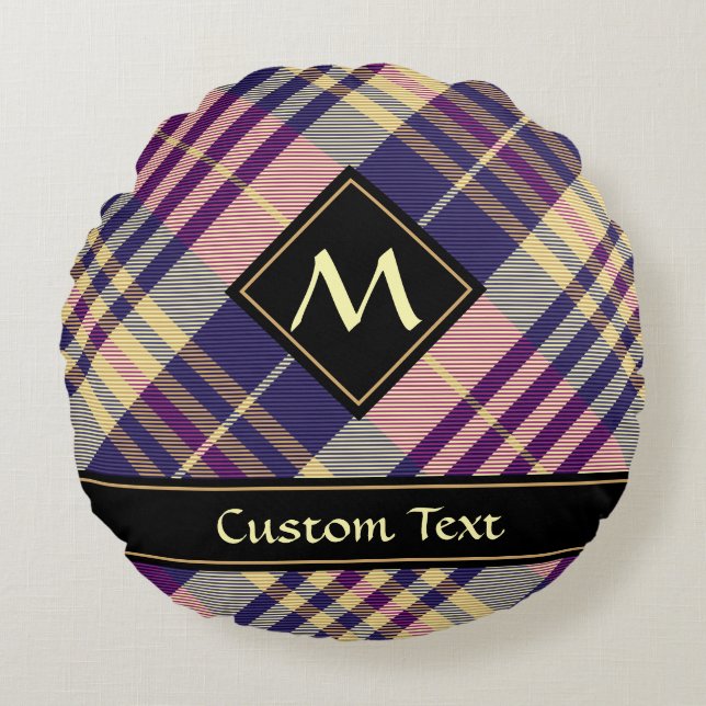 Purple, Gold and Blue Tartan Round Cushion (Front)