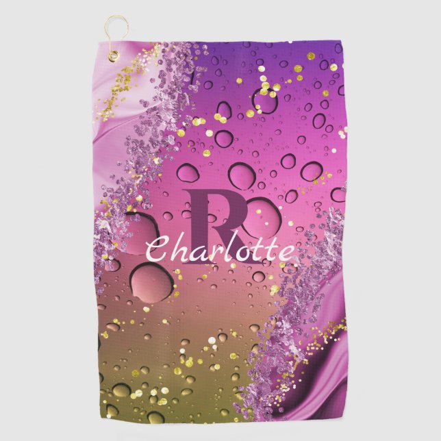 Purple, Gold and White Ombre Monogram | Ocean Golf Towel (Front)