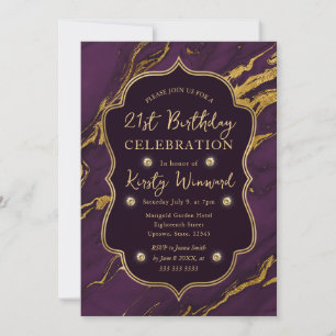 Purple & Gold Autumn Fall Marble 21st Birthday Invitation