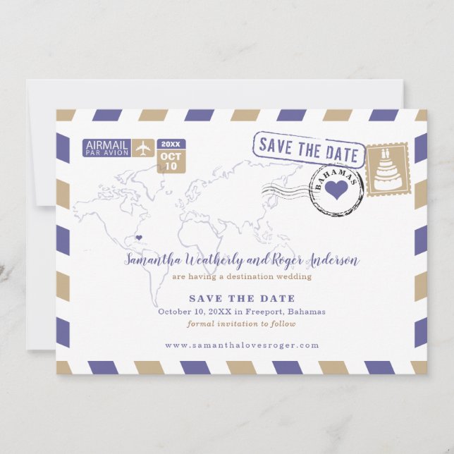 Purple Gold Bahamas Air Mail Wedding Save The Date (Front)