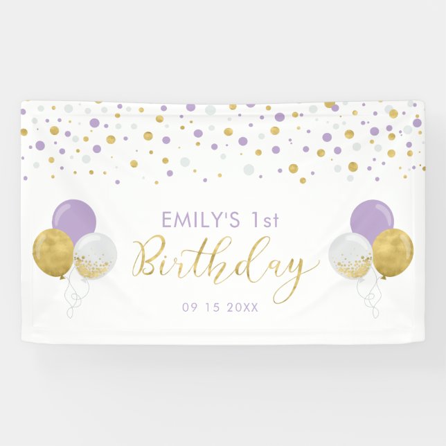 Purple & Gold Balloon 1st Birthday Banner (Horizontal)