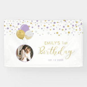 Purple & Gold Balloon 1st Birthday Photo Banner