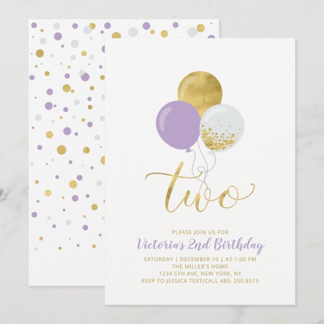 Purple & Gold Balloons Girl 2nd Birthday Party Invitation (Front/Back)
