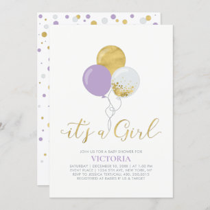 Purple & Gold Balloons It's a Girl Baby Shower Invitation