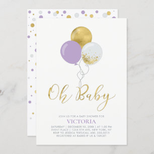 Purple & Gold Balloons Oh Baby Girl Baby Shower Invitation