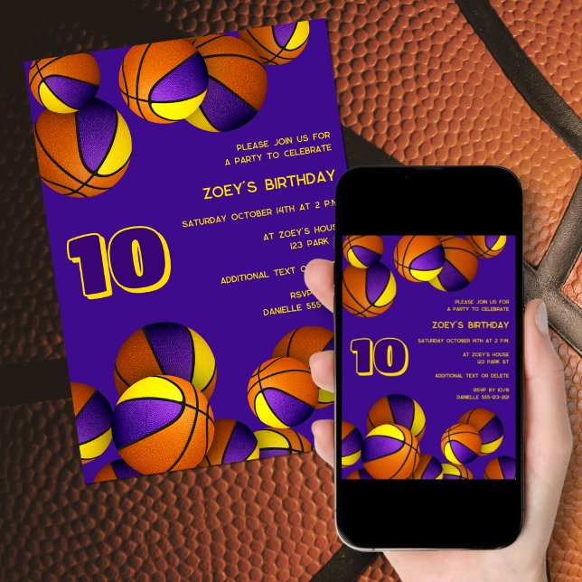 purple gold basketballs kids sports birthday invitation (front of invite, printed view & downloaded view on phone)