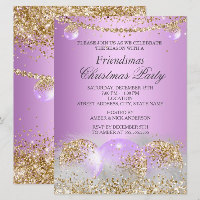 Purple Gold Bauble Friendsmas Christmas Party Invitation (Front/Back)