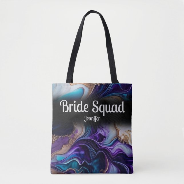 Purple, Gold & Black Bride Squad Wedding Tote Bag (Front)