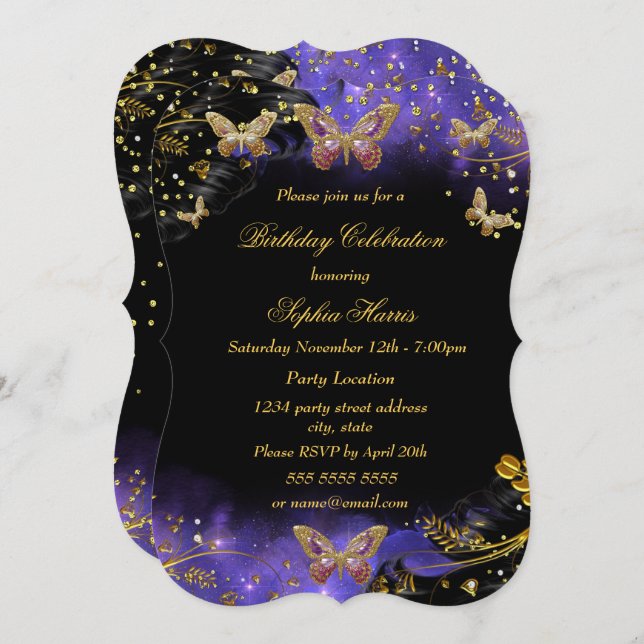 Purple Gold Black Butterfly Sparkle Birthday party Invitation (Front/Back)