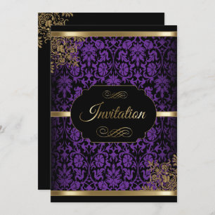 Purple, Gold & Black Damask DIY Party Invitations