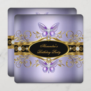 Purple Gold Black Jewel Butterfly Birthday Party Invitation