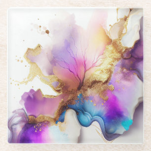 Purple Gold Blue Infusion Glass Coaster