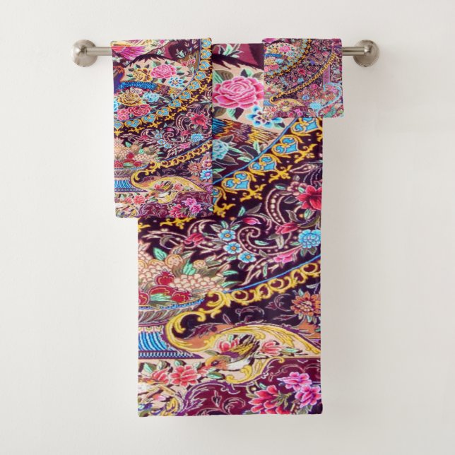 Purple Gold Blue Persian Floral Flowers Peacock Bath Towel Set (Insitu)