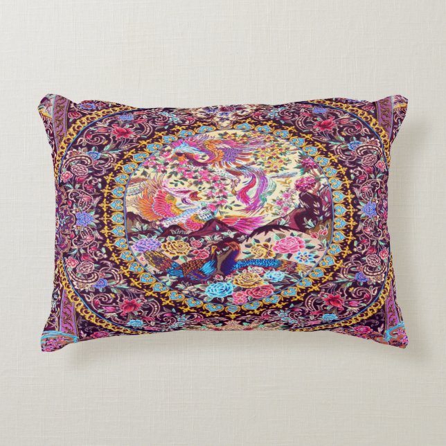 Purple Gold Blue Persian Floral Flowers Peacock Decorative Cushion (Front)