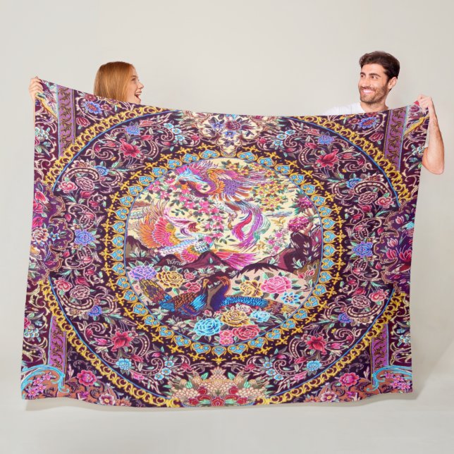 Purple Gold Blue Persian Floral Flowers Peacock Fleece Blanket (In Situ)