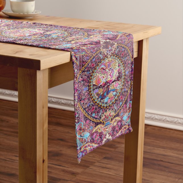 Purple Gold Blue Persian Floral Flowers Peacock Long Table Runner (In Situ)