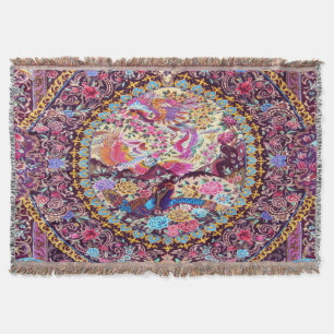 Purple Gold Blue Persian Floral Flowers Peacock Throw Blanket