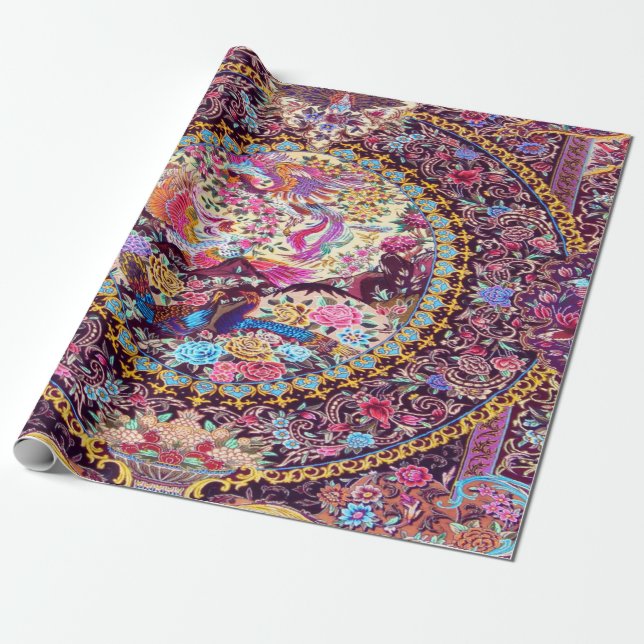 Purple Gold Blue Persian Floral Peacock Decoupage  Wrapping Paper (Unrolled)
