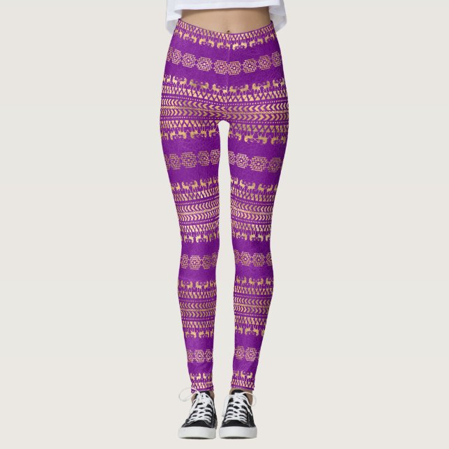 Purple & Gold Bohemian Unicorn Pattern Leggings (Front)
