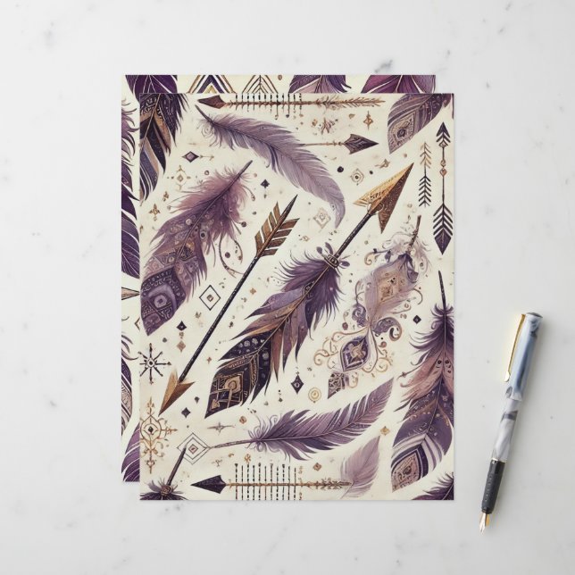 Purple & Gold Boho Arrows and Feathers Scrapbook (Front/Back In Situ)