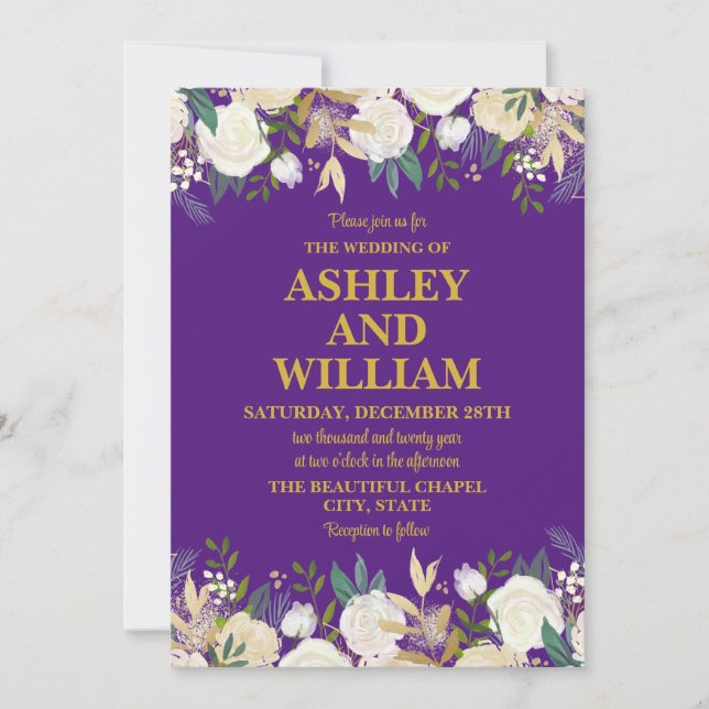 Purple & Gold Boho Bohemian Chic Greenery Wedding Invitation (Front)