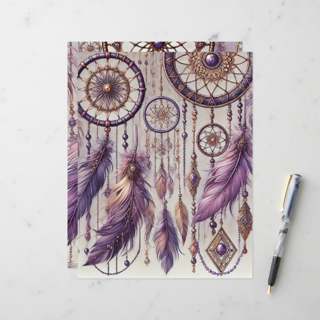 Purple & Gold Boho Dreamcatcher Pattern Scrapbook (Front/Back In Situ)